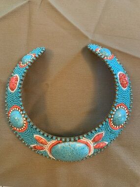 Turquoise and Coral Beaded Statement Collar Necklace